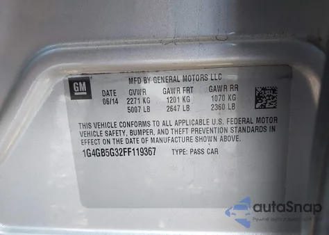 2015 Buick Lacrosse Leather из США, поврежденный, VIN 1G4GB5G32FF119367